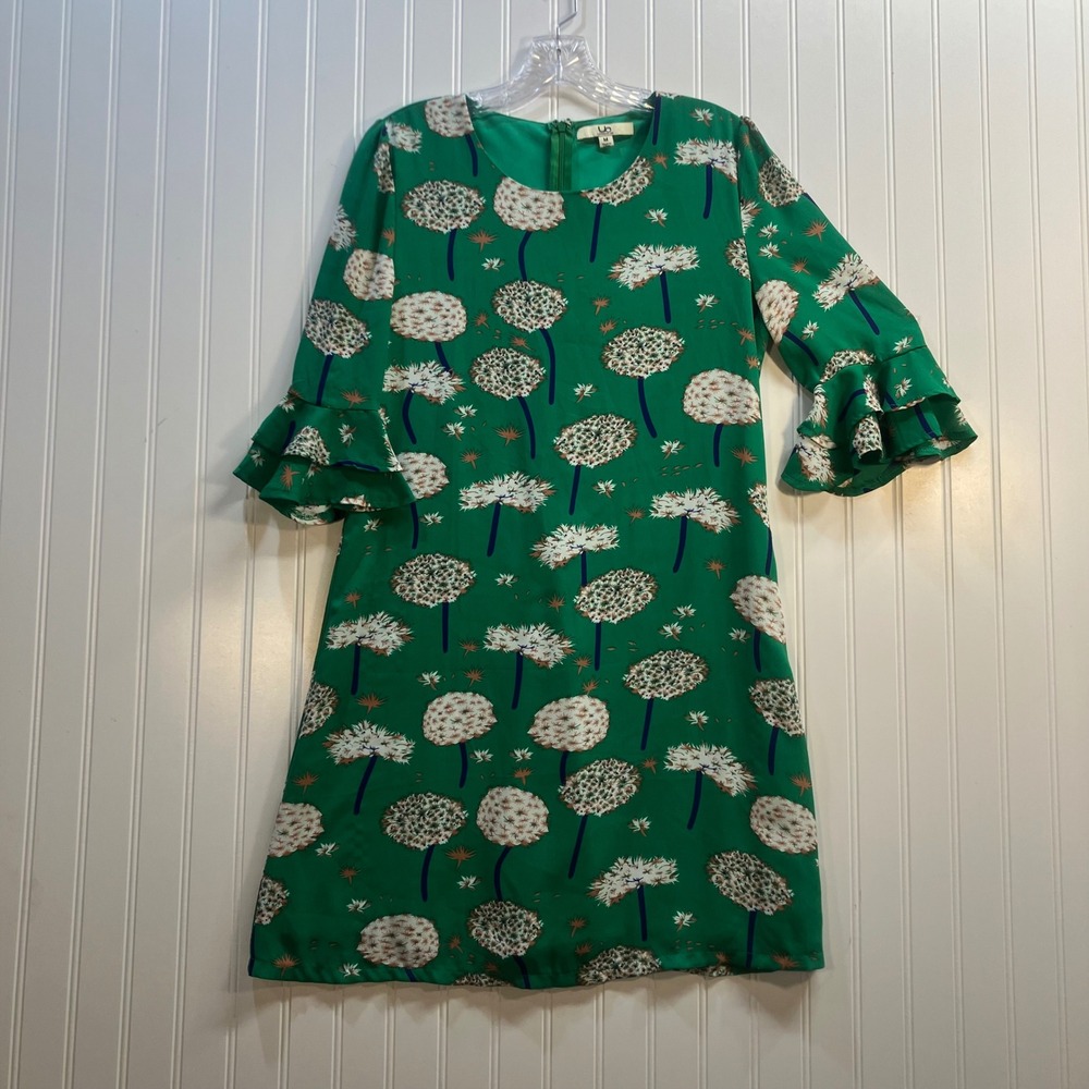 YA Los Angeles Green Dandelion Print Ruffle Bell Sleeve Shift Dress M Flounce